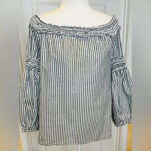 Max Studio Black White Striped Puff Ruffle Long Sleeve Blouse Large